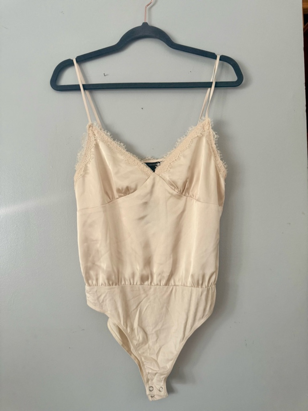 Forever 21 Cream Satin-Look Lace Trim Bodysuit
